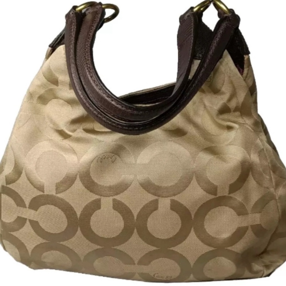 Coach Madison Maggie Op Art Tan C Jacquard 21125 Shoulder Bag Khaki Brown Medium - Picture 2 of 7